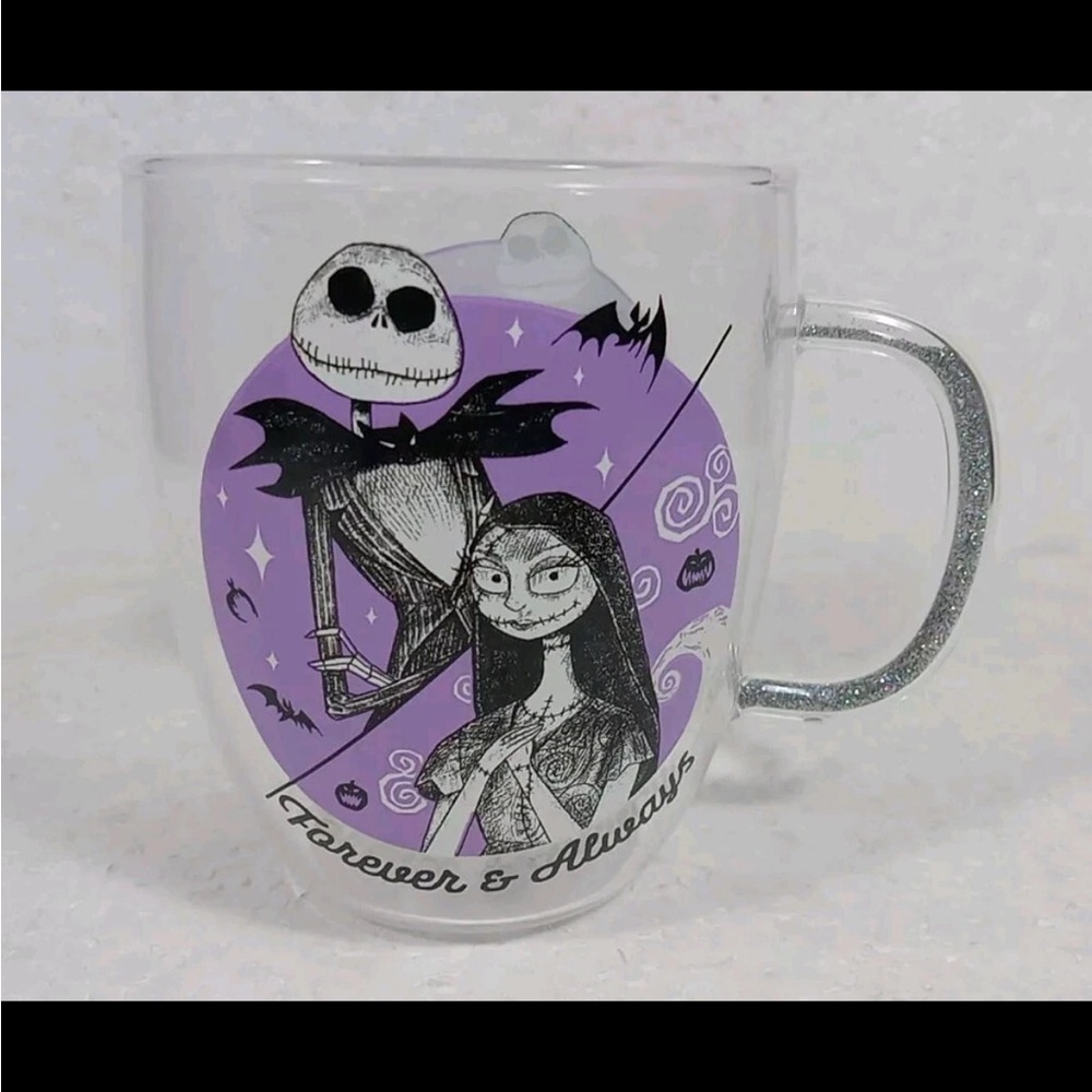 Disney Nightmare Before Christmas Jack & Sally Glass Mug ‎ Glitter Handle (14oz)